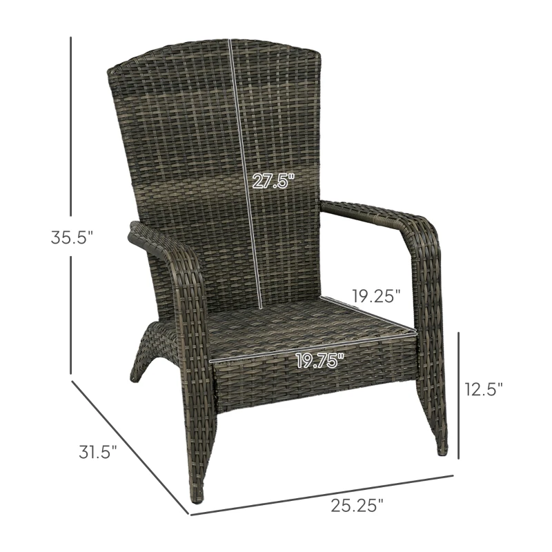 Outsunny Patio Adirondack Chair with Rattan Wicker, Soft Cushions, Tall Curved Backrest for Deck or Garden, Mixed Gray