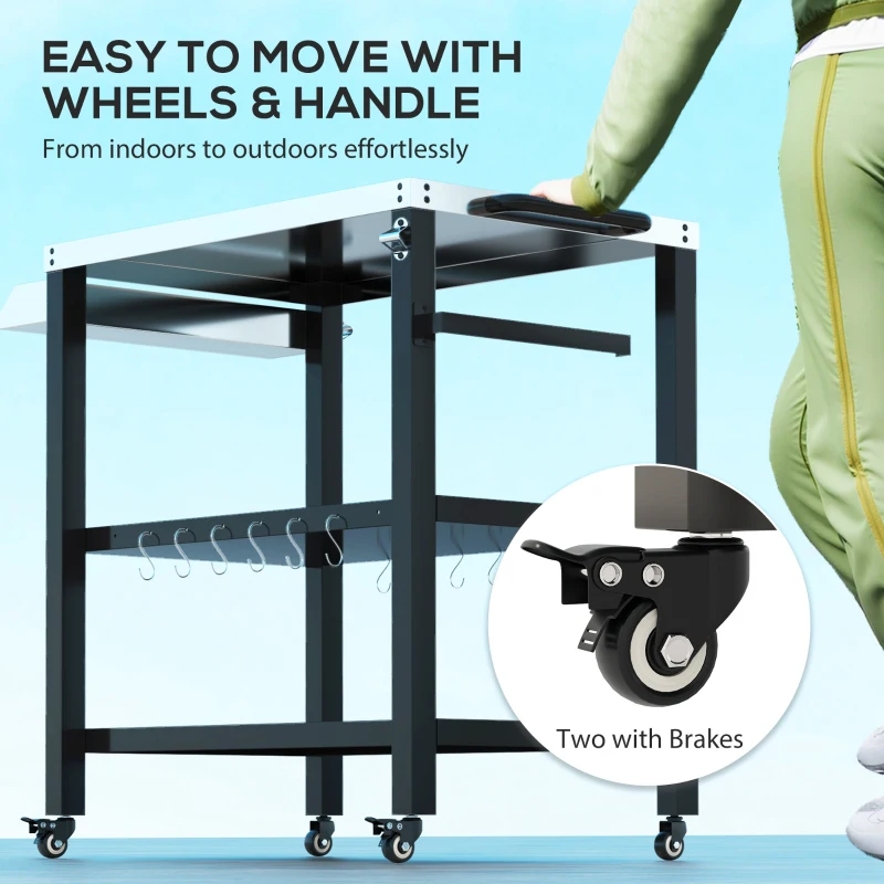 Outsunny Outdoor Kitchen Bar Cart BBQ Table with Wheels, Stainless Steel Pizza Oven Stand, Movable Prep Table with Hooks