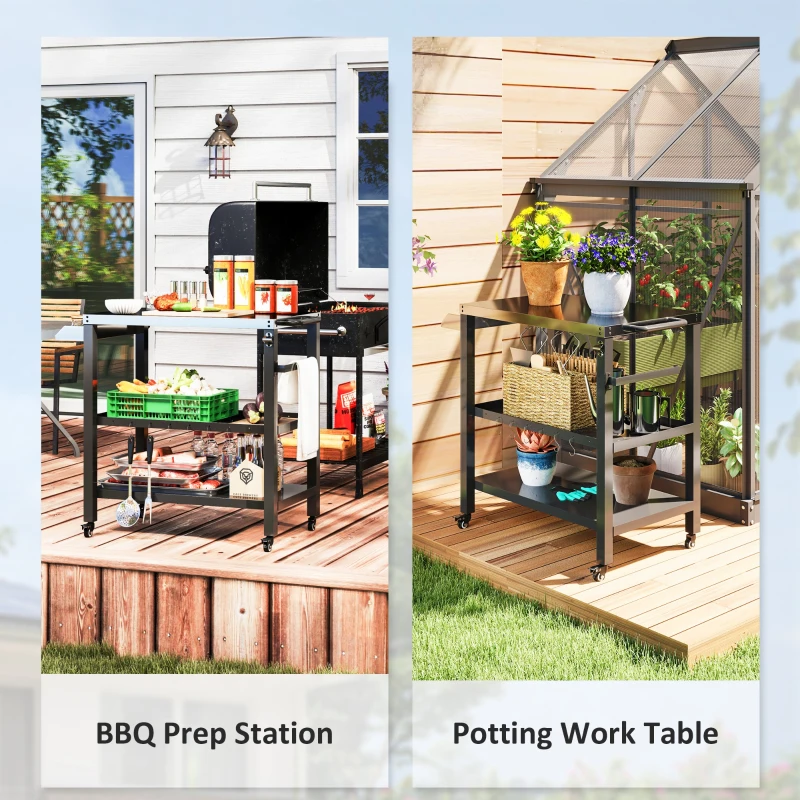 Outsunny Outdoor Kitchen Bar Cart BBQ Table with Wheels, Stainless Steel Pizza Oven Stand, Movable Prep Table with Hooks