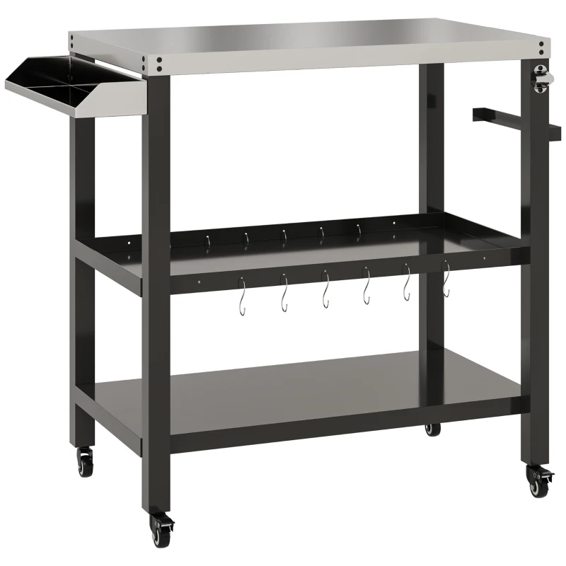 Outsunny Outdoor Kitchen Bar Cart BBQ Table with Wheels, Stainless Steel Pizza Oven Stand, Movable Prep Table with Hooks