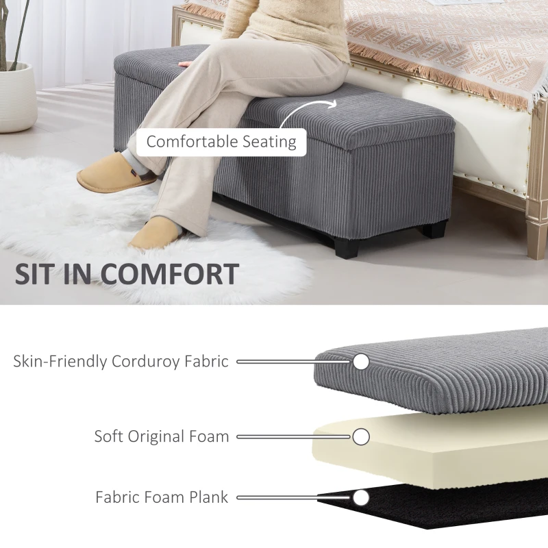 HOMCOM 47 Inches Storage Ottoman Bench, Foot Rest with Legs, End of Bed Bench, Corduroy Storage Chest for Living Room, Gray