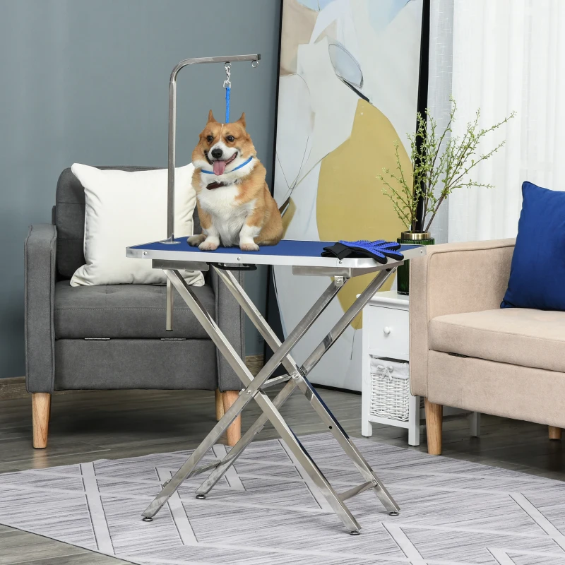 PawHut 28" Foldable Dog Grooming Table with Adjustable Arm, Non-Slip Surface for Medium Small Dogs, Cats, Blue