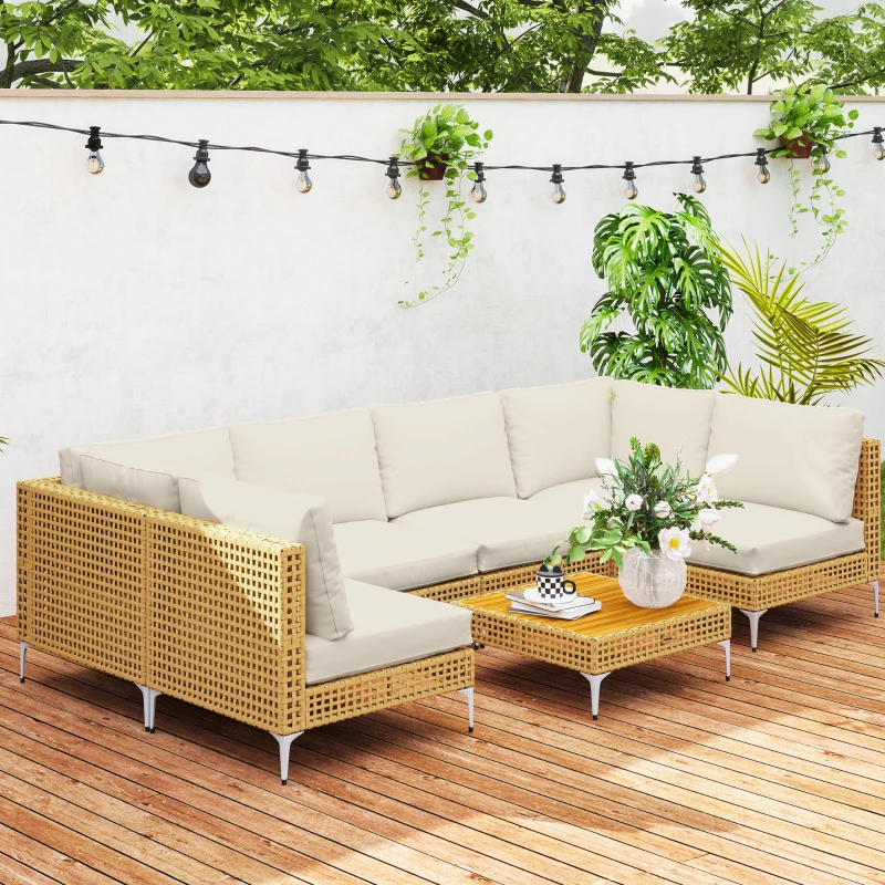 Outsunny 7 Piece Wicker Patio Furniture Set, Modular Outdoor Sectional with Thickened Cushions, Acacia Wood Table, Khaki/Beige