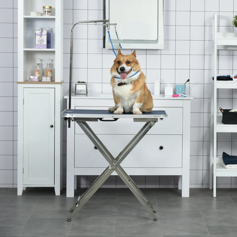 PawHut 28" Foldable Dog Grooming Table with Adjustable Arm, Non-Slip Surface for Medium Small Dogs, Cats, Blue