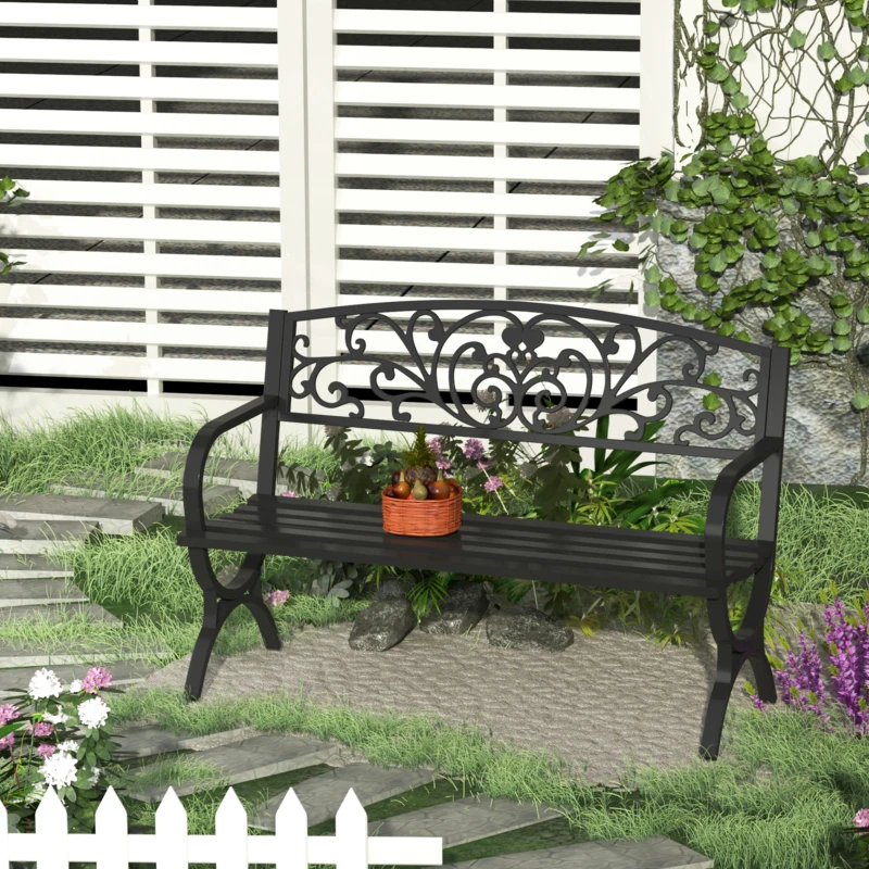 Outsunny 50" 2-Seater Garden Bench, Patio Porch Decorative Chair Cast Iron Loveseat Outdoor Furniture for Yard, Lawn, Porch, Black
