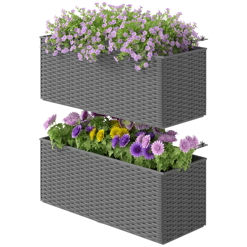 Outsunny 2 Pack 20 Inch Railing Flower Pots, Hanging Flower Pots with Hooks, Drainage Holes for Fence, Rattan Look, Gray