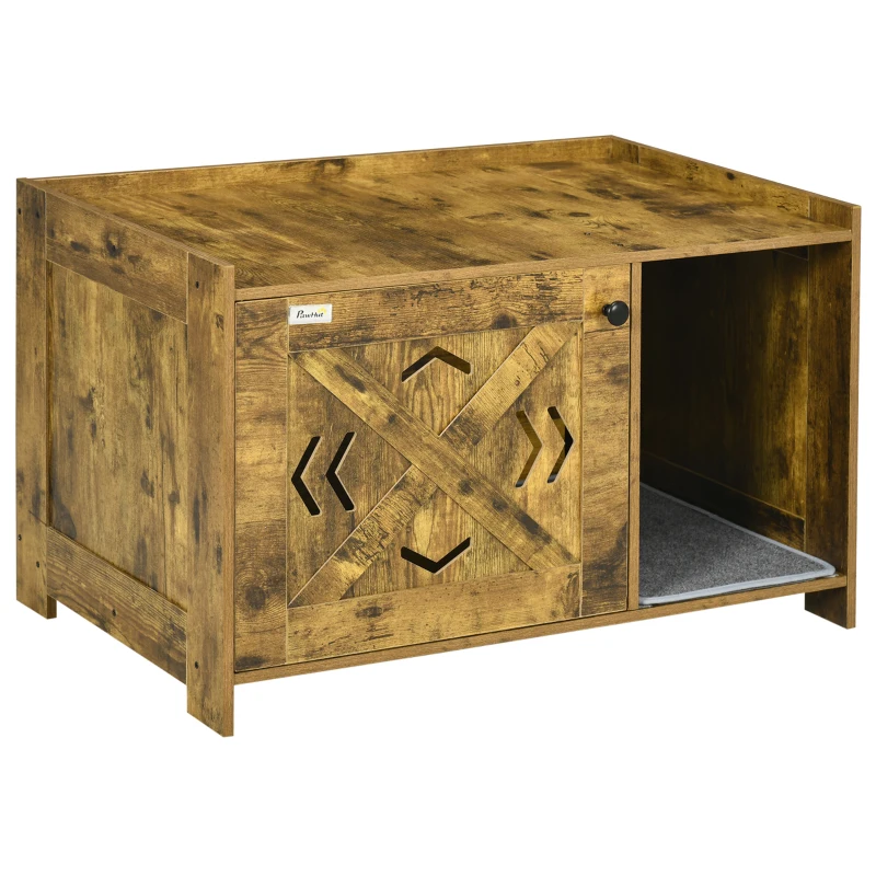 PawHut Cat Litter Box Furniture Hidden, Cat Washroom Storage Bench Odor Control Indoor Cat House Side Table with Scratching Pad, Easy Assembly