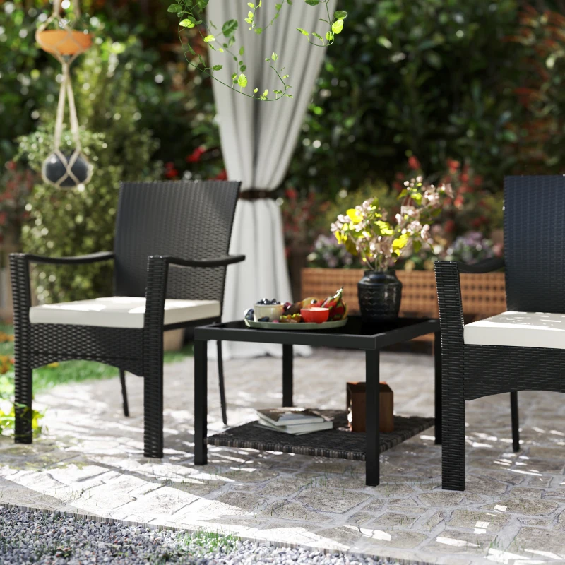 Outsunny 23.6" Rattan End Table, Outdoor Coffee Table with Tempered Glass Top, Storage Shelf for Patio, Garden, Balcony, Black