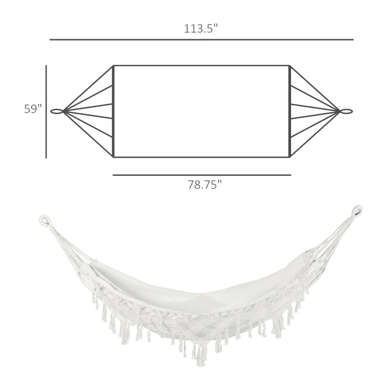 Outsunny Extra Large Boho Hammock with Macrame Tassel Fringe, Includes Carrying Bag, Indoor Outdoor Tree Hammock for Porch, Backyard, Camping, White