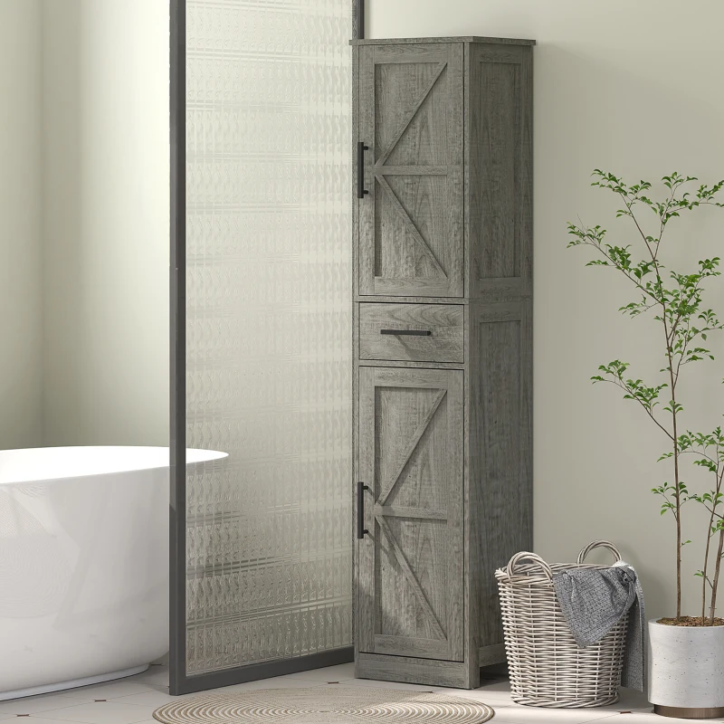 HOMCOM 67" Tall Bathroom Cabinet, Narrow Bathroom Storage Cabinet with Drawer, Barn Doors and Adjustable Shelves, Dark Grey