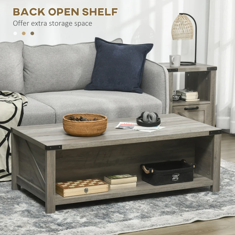 HOMCOM Farmhouse Coffee Table with Storage and Drawer, Rustic Coffee Table for Living Room, Open Shelf, Gray Oak