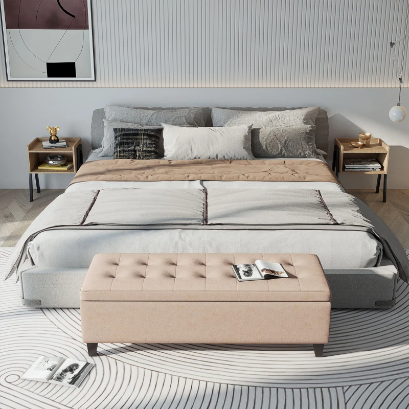 HOMCOM 50" Storage Ottoman Bench, Upholstered Ottoman Foot Rest with Linen Fabric and Soft Close Lid for Entryway, White