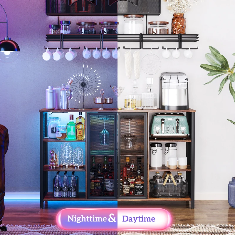 HOMCOM LED Wine Cabinet with Charging Station Glass Holders, Open Shelves, Rustic Brown