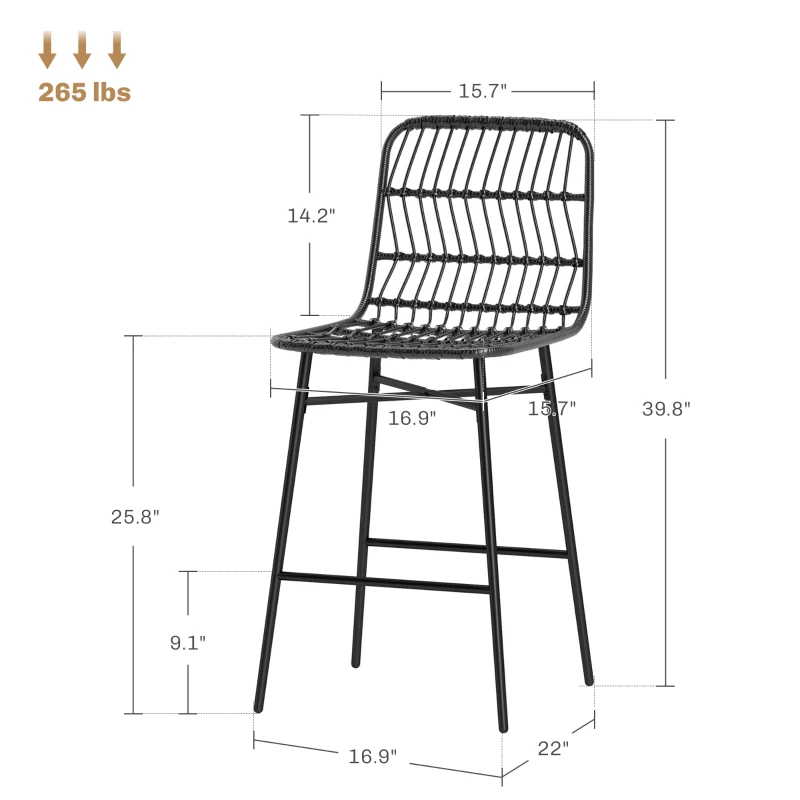 HOMCOM Rattan Counter Bar Stools Set of 2, 26" Counter Height Barstools with Back, Bar Chairs for Kitchen Island, Black