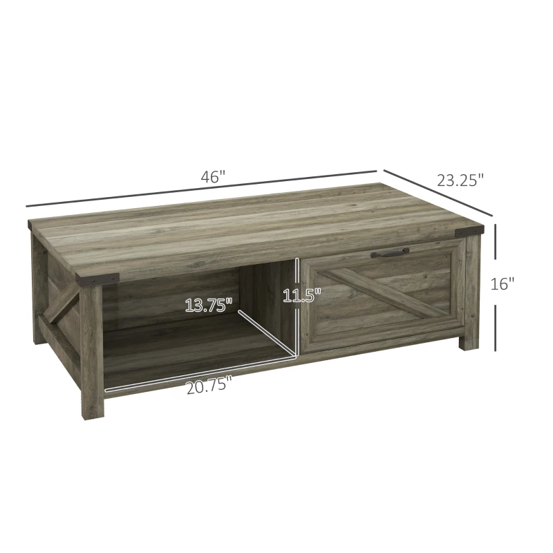 HOMCOM Farmhouse Coffee Table with Storage and Drawer, Rustic Coffee Table for Living Room, Open Shelf, Gray Oak