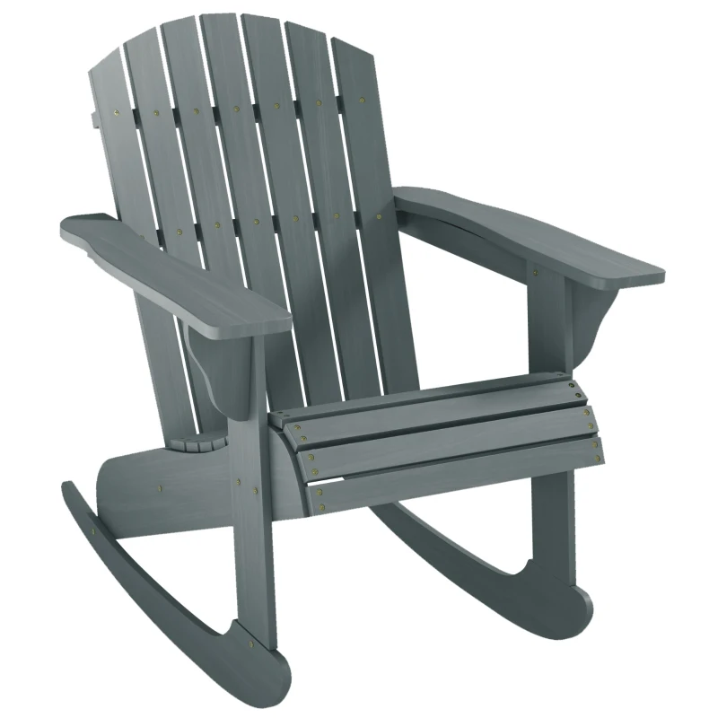Outsunny Wood Adirondack Outdoor Lounge Rocking Chair Fire Pit Seating with Slatted Wooden Design, Fanned Back, Gray