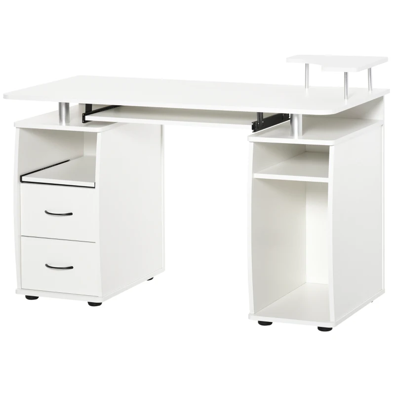 HOMCOM Computer Desk with Keyboard Tray, Home Office Desk with Drawers, CPU Stand, Printer Stand and Open Shelves, Writing Workstation for Study, White