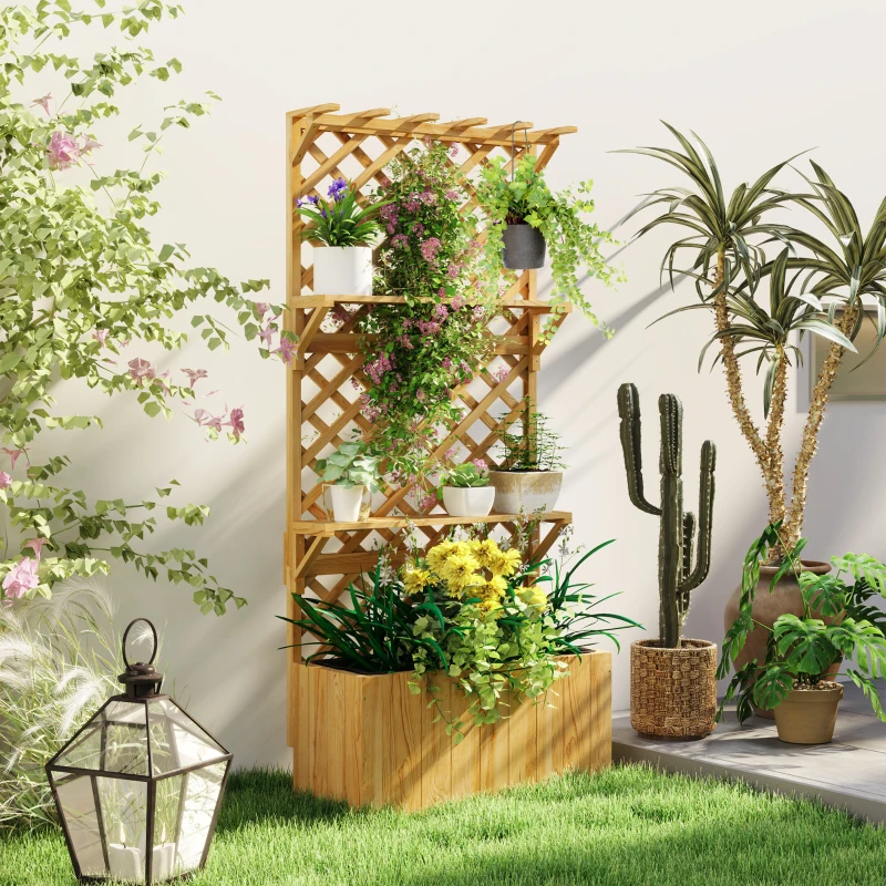 Outsunny Raised Garden Bed, Wooden Planter with Trellis, Hanging Roof, Plant Shelf, Drainage Holes and Bed Liner, Natural
