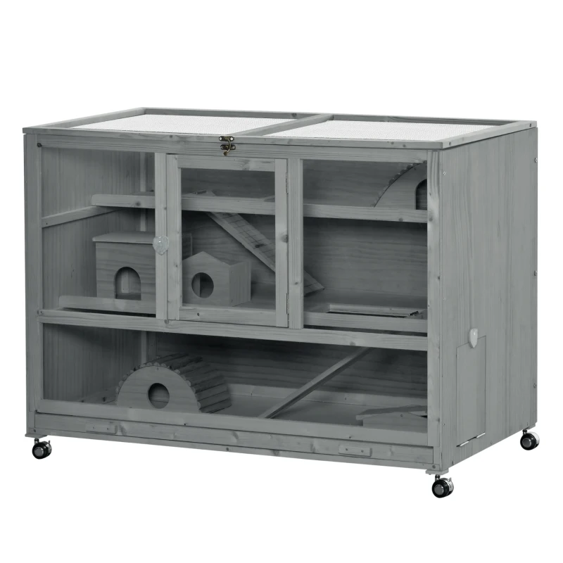 PawHut Wooden 3-Tier Hamster Cage Hutch Box with Ladder Wheels for Small Animals, Dark Gray