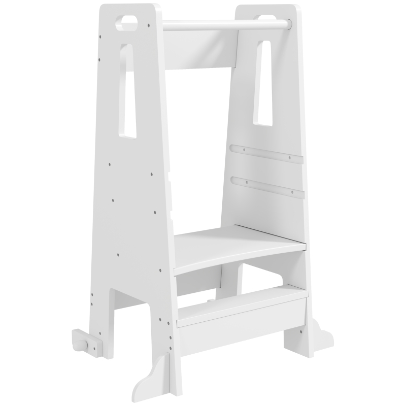 Qaba Height Adjustable Toddler Tower w/ Safety Rail, Handlbar, for Bathroom, Kitchen, White