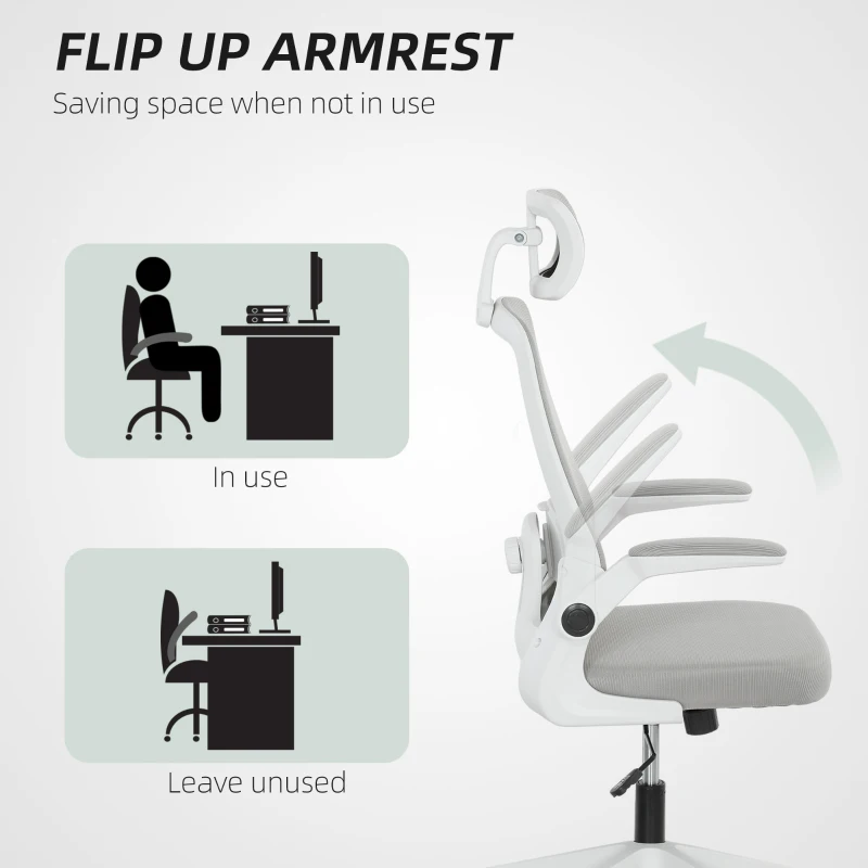 HOMCOM Mesh Office Chair, Ergonomic Desk Chair with Flip-up Armrest, Rotatable Headrest, Adjustable Lumbar Support, Gray