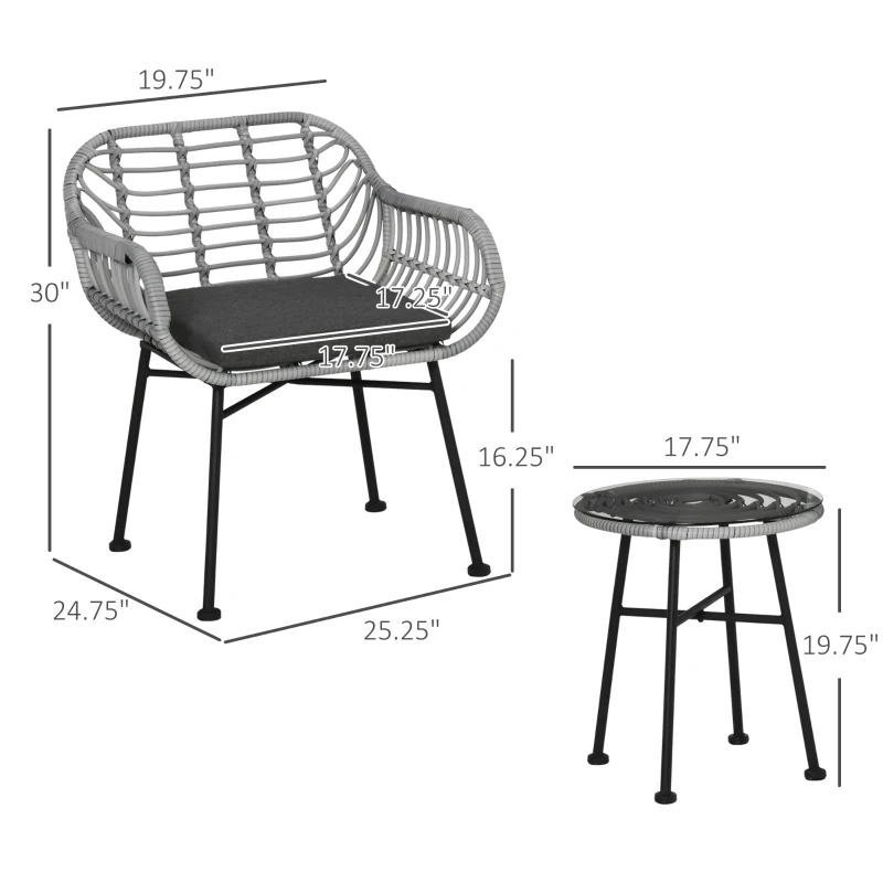Outsunny 3 Piece Patio Set, Outdoor Bistro Furniture, PE Rattan Wicker Table and Chairs, Cushioned, Gray