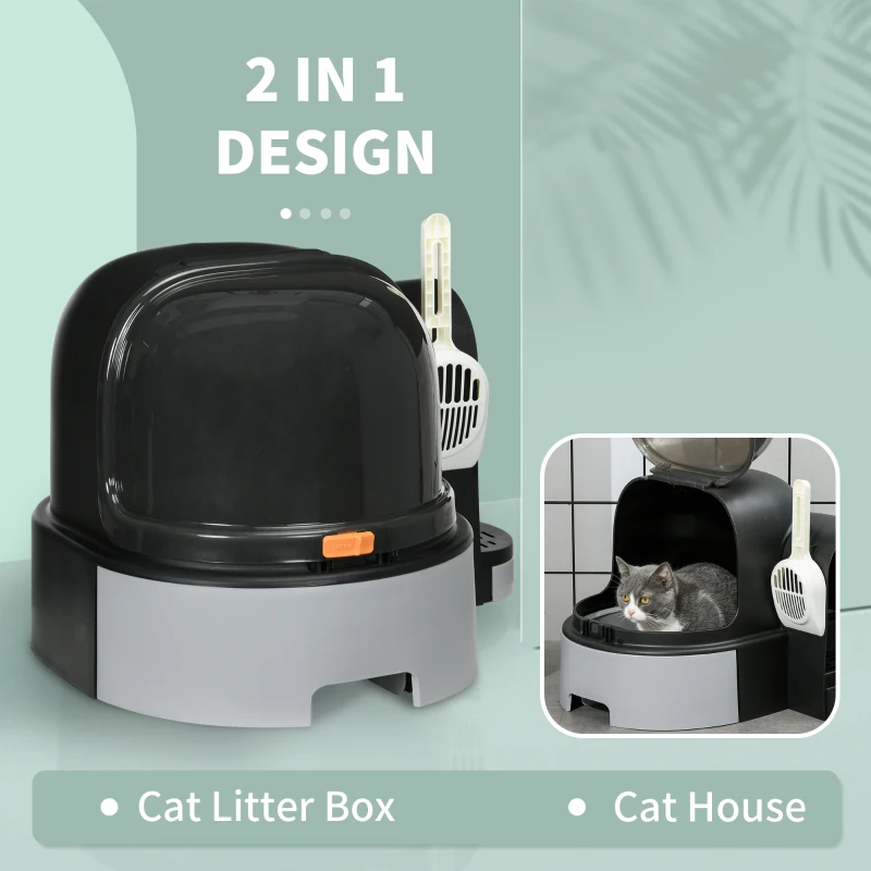 PawHut Cat Litter Box Easy to Clean Open with Scoop, Gray
