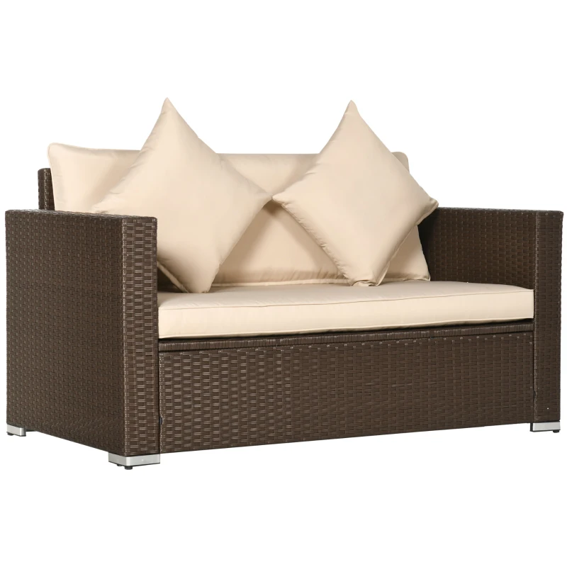 Outsunny Outdoor Wicker Loveseat, Patio Furniture Couch with Cushions, 2 Seats PE Rattan Sofa, 2 Throw Pillows, Beige