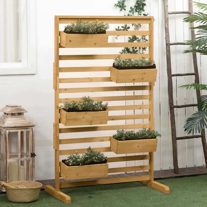Outsunny Wooden Plant Trellis Stand with 5 Hanging Planter Boxes, Freestanding Outdoor Plant Stand for Patio, Garden, Balcony, Porch