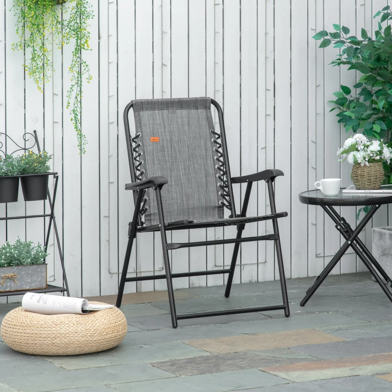 Outsunny Patio Folding Chair, Outdoor Bungee Sling Chair w/ Armrests, Portable Lawn Chair for Camping, Garden, Pool, Beach, Backyard, Gray