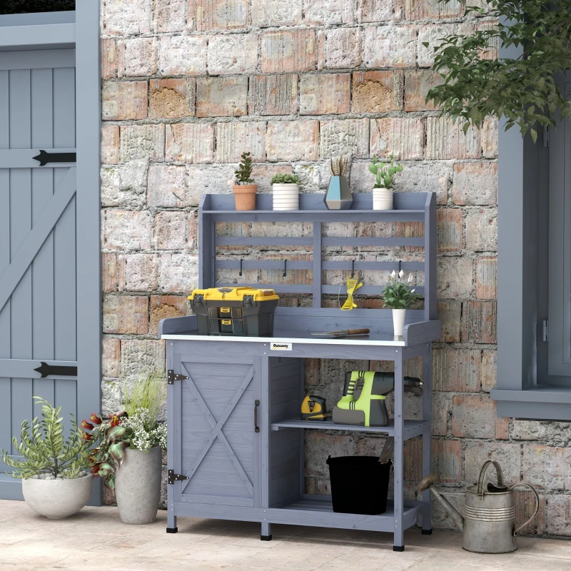 Outsunny Wooden Potting Bench with Storage, Aluminum Tabletop for Backyard, Patio, Balcony, Gray