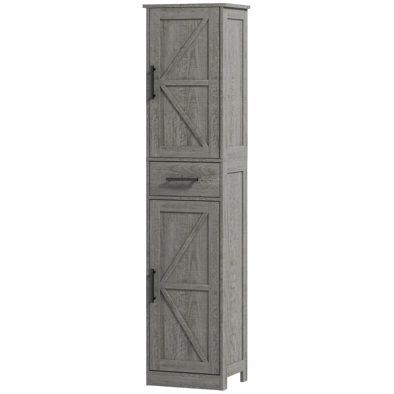 HOMCOM 67" Tall Bathroom Cabinet, Narrow Bathroom Storage Cabinet with Drawer, Barn Doors and Adjustable Shelves, Dark Grey