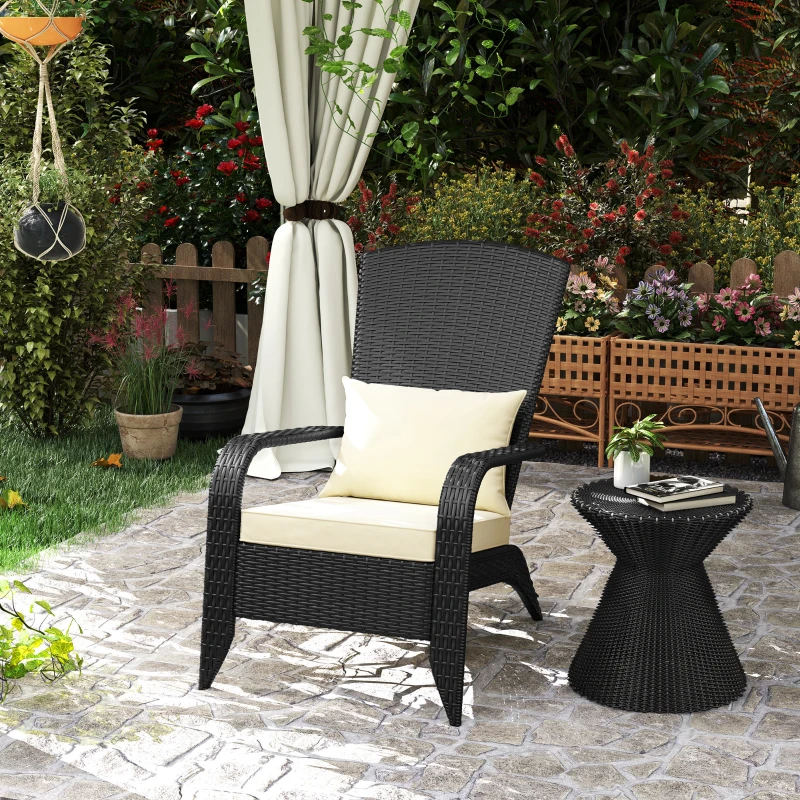 Outsunny Patio Wicker Adirondack Chair, Outdoor Rattan Fire Pit Chairs w/ Soft Cushions, Tall Backrest, Tilted Seat, Cream White