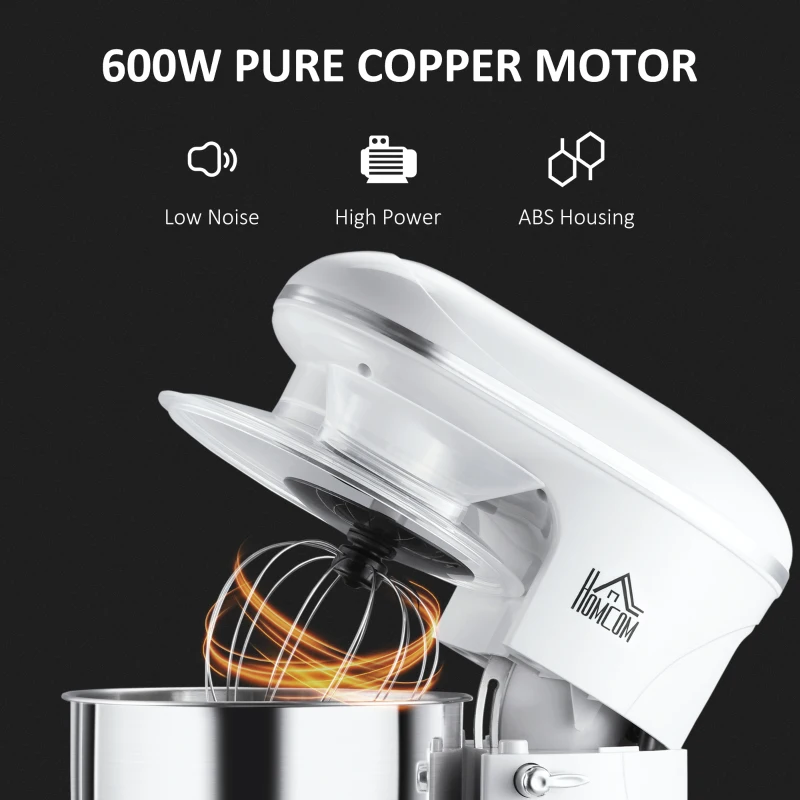 HOMCOM Stand Mixer with 6+1P Speed, 600W Tilt Head Kitchen Electric Mixer with 6 Qt Stainless Steel Mixing Bowl, Beater, Dough Hook and Splash Guard for Baking Bread, Cakes, and Cookies, White