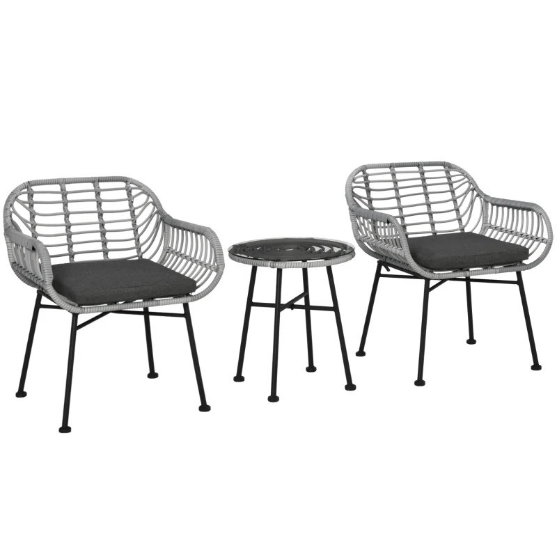 Outsunny 3 Piece Patio Set, Outdoor Bistro Furniture, PE Rattan Wicker Table and Chairs, Cushioned, Gray