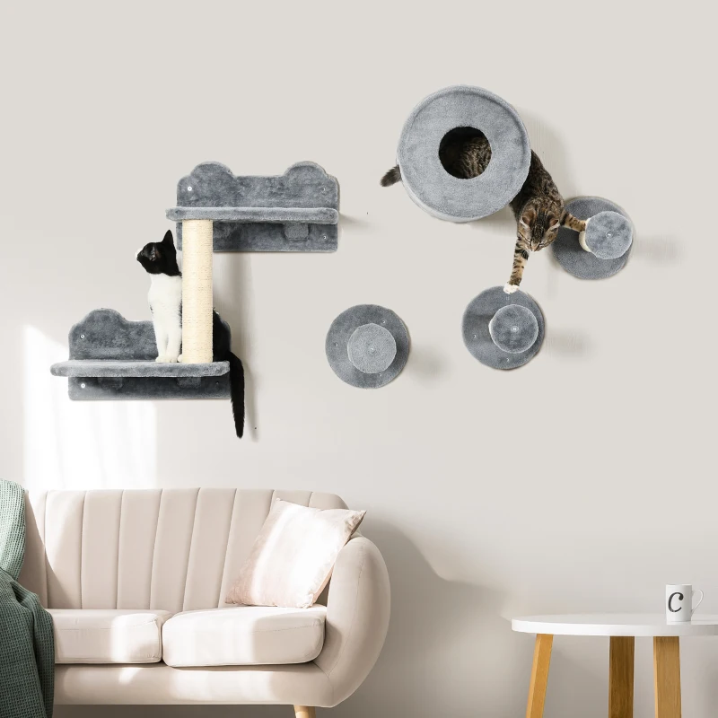 PawHut 5PCs Cat Wall Shelves, Pet Wall-mounted Climbing Shelf Set, Kitten Activity Center with Condo, Cushion, Scratching Post, Jumping Platform, Gray