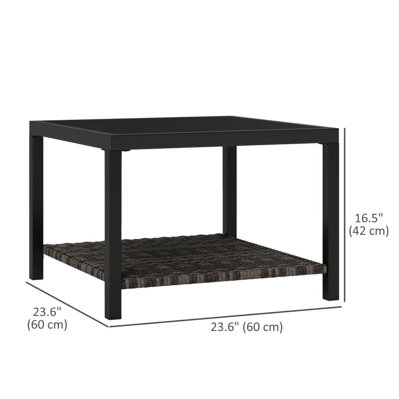 Outsunny 23.6" Rattan End Table, Outdoor Coffee Table with Tempered Glass Top, Storage Shelf for Patio, Garden, Balcony, Black
