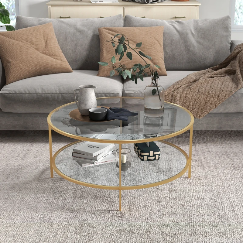 HOMCOM Side Table with Storage, 36" Round End Table, 2-Tier Tempered Glass Coffee Table with Steel Frame for Living Room, Gold