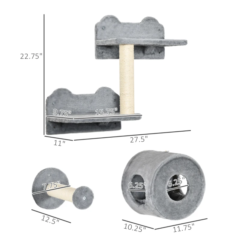 PawHut 5PCs Cat Wall Shelves, Pet Wall-mounted Climbing Shelf Set, Kitten Activity Center with Condo, Cushion, Scratching Post, Jumping Platform, Gray