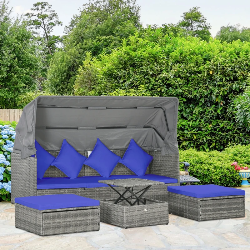 Outsunny 4 Piece Adjustable Canopy Outdoor Rattan Sofa Set w/ Height Adjustable Coffee Table & Cushions, Dark Blue