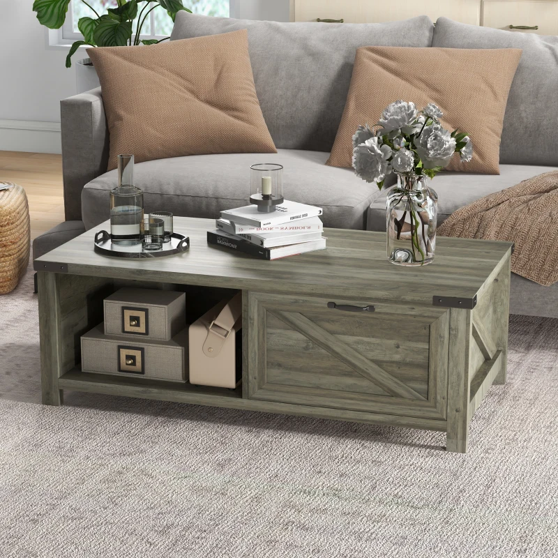 HOMCOM Farmhouse Coffee Table with Storage and Drawer, Rustic Coffee Table for Living Room, Open Shelf, Gray Oak