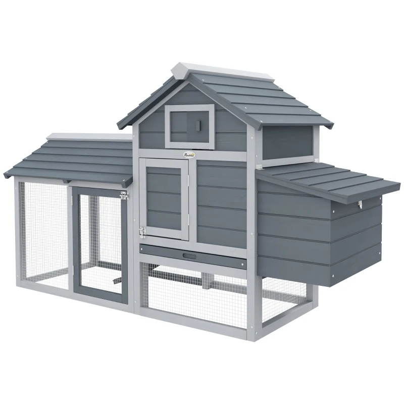 PawHut 59" Small Wooden Chicken coop Hen House Poultry Cage for Outdoor Backyard with 2 Doors, Nesting Box and Removable Tray, Gray