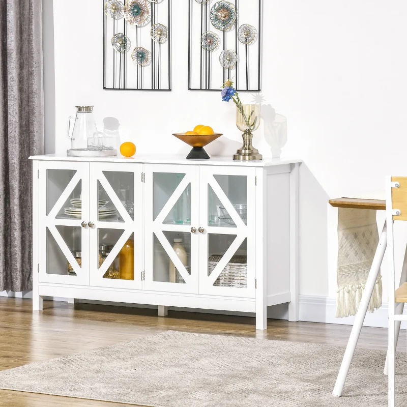 HOMCOM Sideboard, Buffet Cabinet with 4 Tempered Glass Doors and Adjustable Storage Shelf, Credenza, White