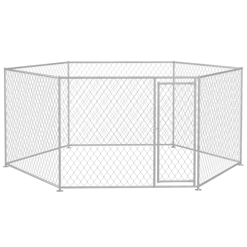 PawHut 13.4' x 11.5' x 5.6' Dog Kennel Outdoor for Medium and Large-Sized Dogs with Lockable Door, Silver