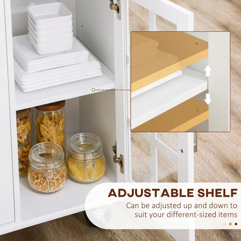 HOMCOM Rolling Kitchen Island with Storage, Utility Kitchen Cart with 2 Drawers, 2 Cupboards, Towel Rack and Spice Rack, Microwave Cart for Dining Room, White