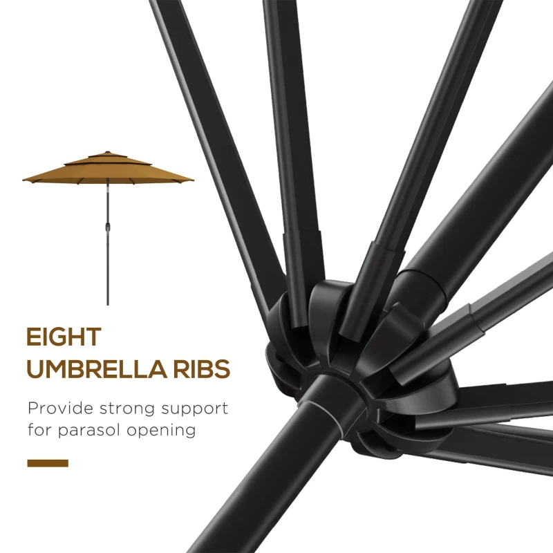 Outsunny 9FT 3 Tiers Outdoor Patio Umbrella with Crank, Push Button Tilt for Deck, Backyard and Lawn, Tan