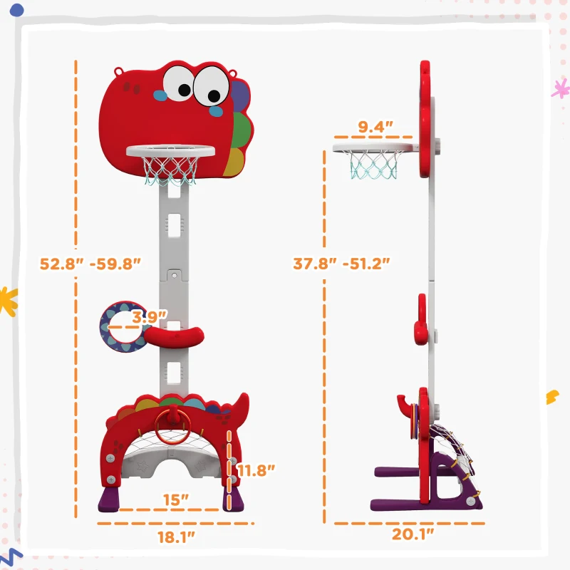 Qaba Adjustable Height 4.4-5 ft Kids Basketball Hoop, 5 in 1 Design, for Indoor Use, Red