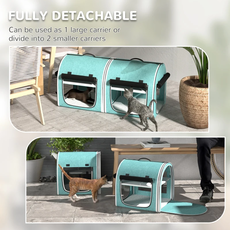 PawHut 39" Portable Soft 2 Sided Pet Cat Carrier with Divider, Two Compartment, Soft Cushions, & Storage Bag, Green