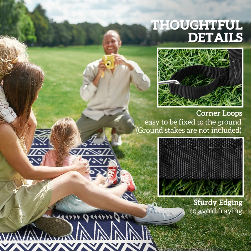 Outsunny Reversible Outdoor Rug, Waterproof Plastic Straw with Carry Bag, 8' x 10', Blue & White Geometric