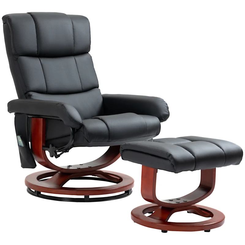 HOMCOM Recliner Chair with Ottoman, Electric Faux Leather Recliner with 10 Vibration Points and 5 Massage Mode, Reclining Chair with Swivel Wood Base, Remote Control and Side Pocket, Black